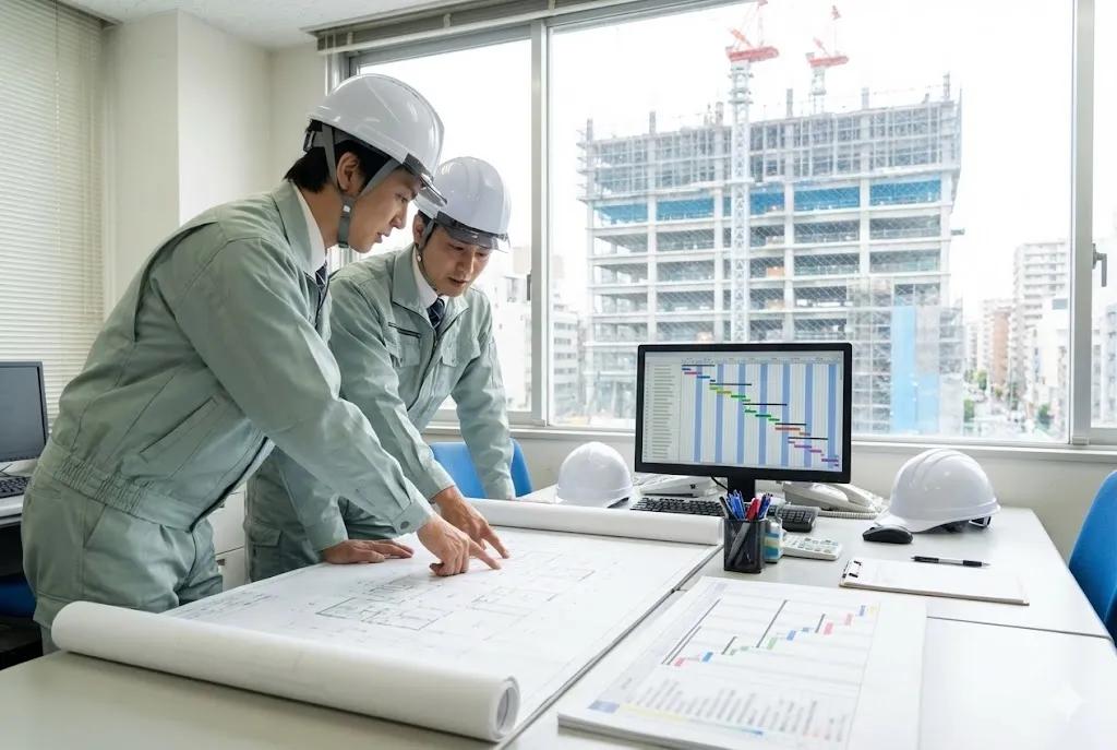 Dua engineer meninjau gambar kerja dan jadwal proyek